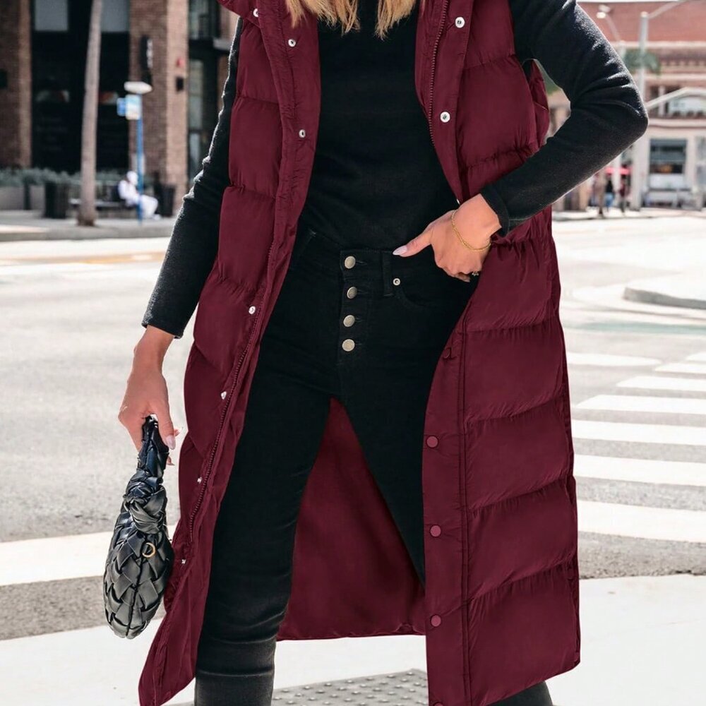 Burgundy Casual Women's Long Quilted Hooded Vest